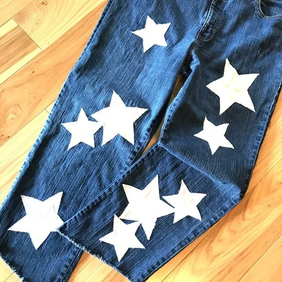 Upcycled Patchwork Jeans, Cropped Denim Hippie Pants with White Stars Size 16 - Picture 8 of 13
